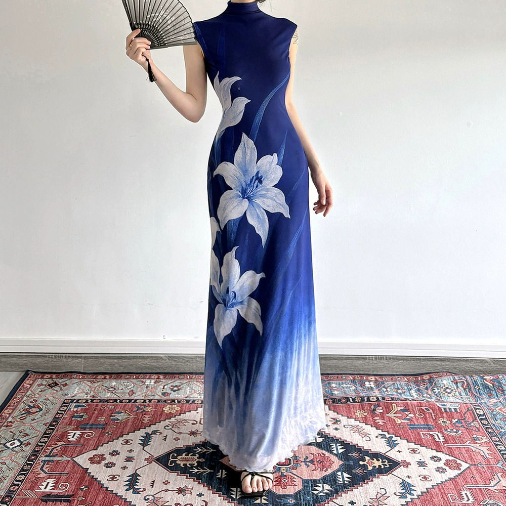 Zara Neo Chinese Retro Print Gradient Mesh Swallowtail Sleeveless Long Dress